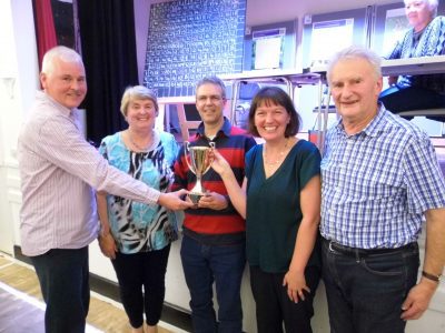 Winners of the Bulletin Quiz Phil Spencer, Chris Stevenson, Laura Walkingshaw and Harry Stone being presented with the Challenge Trophy