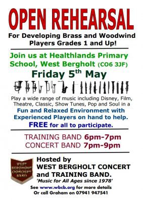 Poster for Open Rehearsal calling for Brass & Woodwind players.