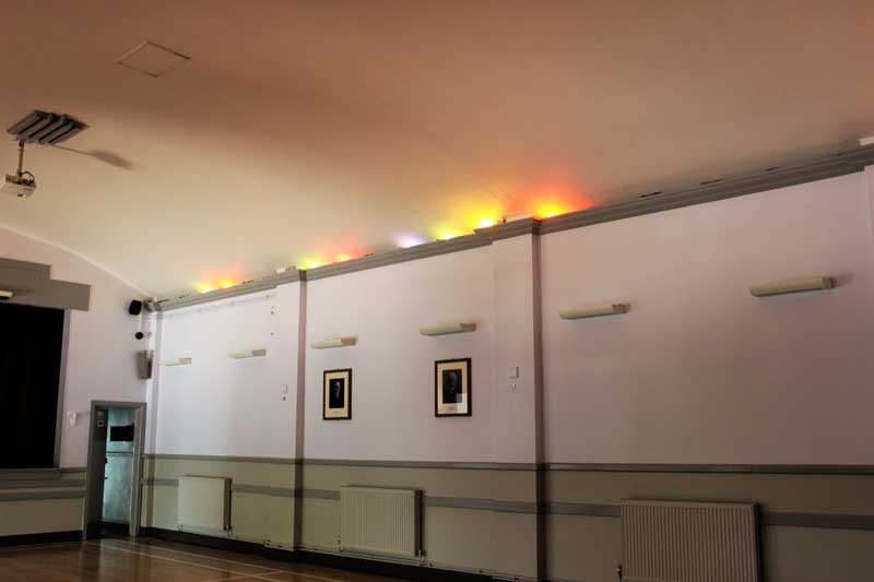 View of coloured uplights to ceiling