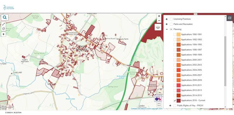 Colchester City Council's planning map showing West Bergholt Planning applications since  2016.