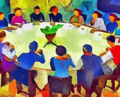 AI generated image representing a Parish Council meeting in the style of Paul Gauguin