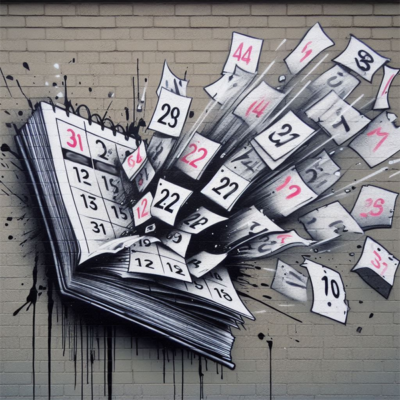 Dates exploding from calendar in the style of Banksy purely for illustration.