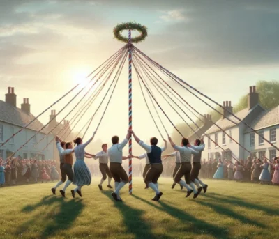 An AI generated image of Maypole Dancers.